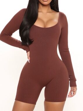 Fashion Nova Chestnut Ribbed Long-Sleeve Romper